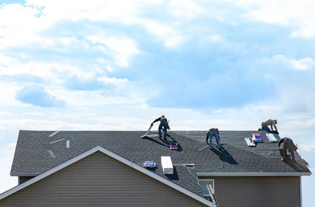 Homeowner inspecting shingles and clearing leaves from a residential roof beside a gutter in autumn.