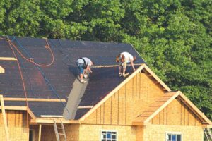 Person using a telescoping soft brush to remove leaves from a roof while standing safely on the ground.