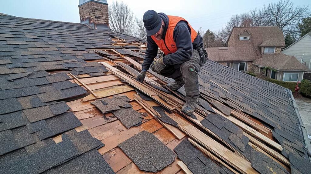Homeowner inspecting roof shingles and gutters from the ground beside a house