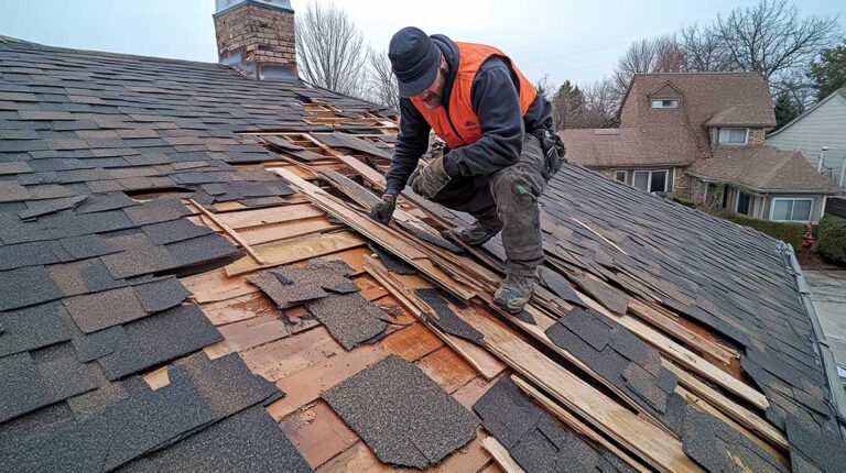 Homeowner inspecting roof shingles and gutters from the ground beside a house