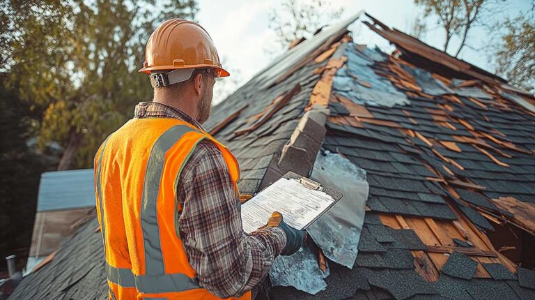 Homeowner using a flashlight to inspect dark mold-like growth on attic roof decking.